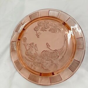 Vtg Pink Sharon Cabbage Rose Footed Depression Glass Cake Plate by Federal Glass